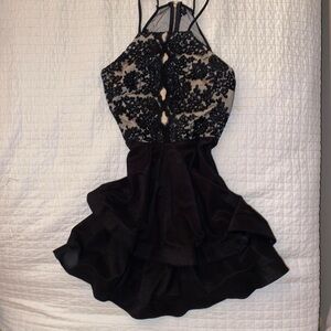Black and cream lace ruffle skirt  halter mini dress